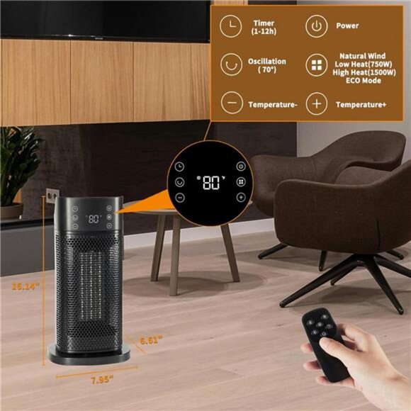 Portable Space Heater Indoor–Fast Heating, PTC Ceramic Heating with Remote - Picture 3 of 8